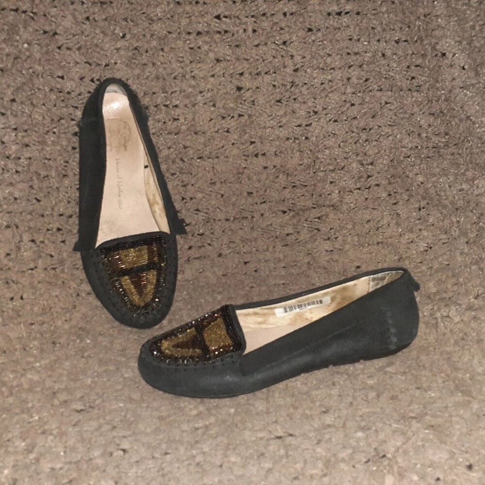 HOUSE OF HARLOW-1960 Millie-Black Suede Beaded Moccasins-Size 36-Excellent